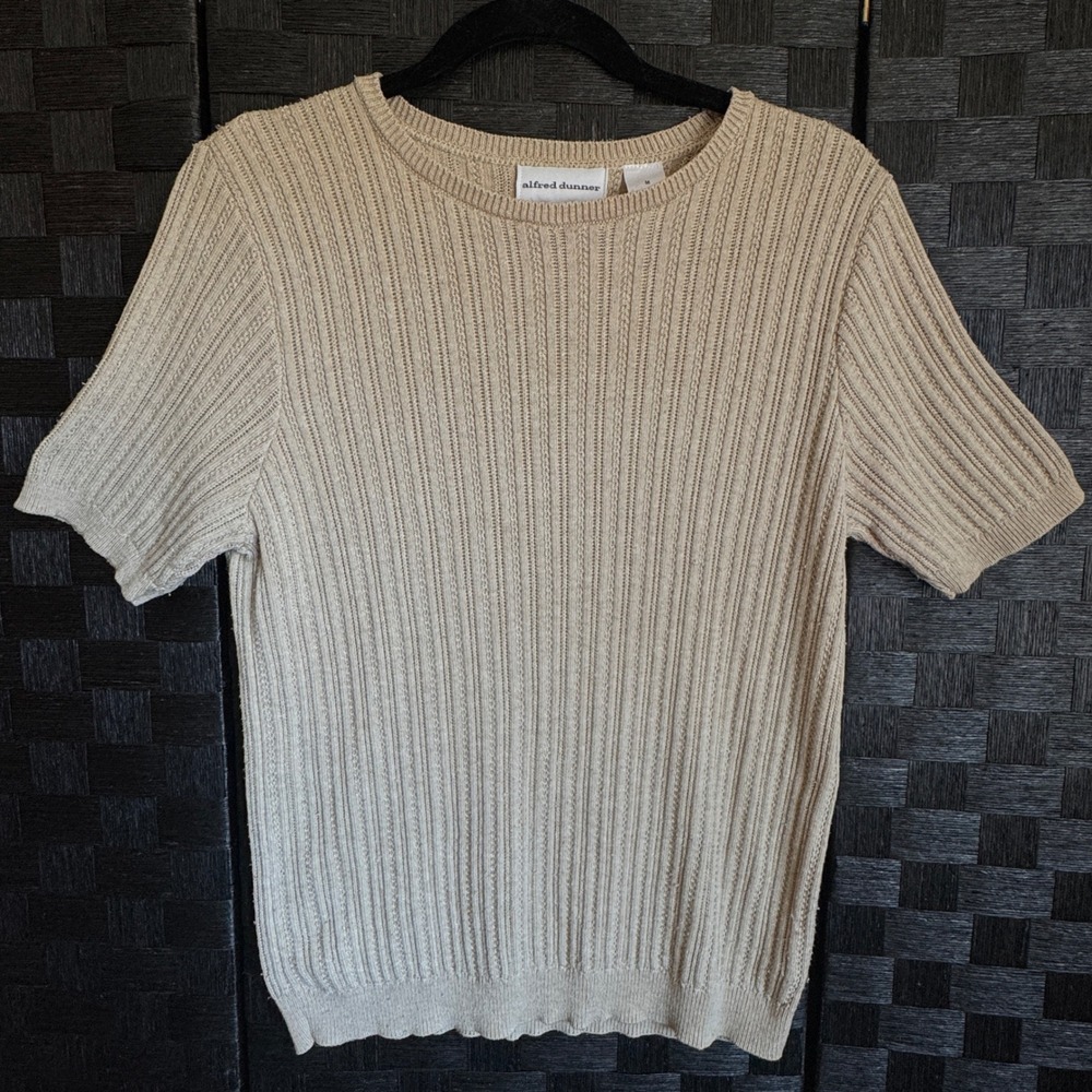 Alfred Dunner Knit Top Womens Medium Beige Ribbed Short Sleeve Crew